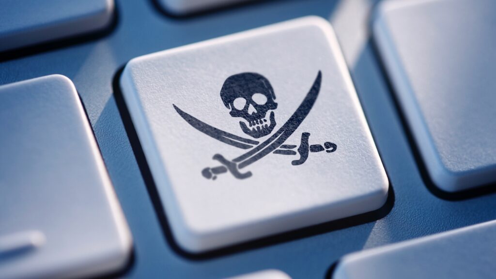 A pirate group logo on a keyboard key.