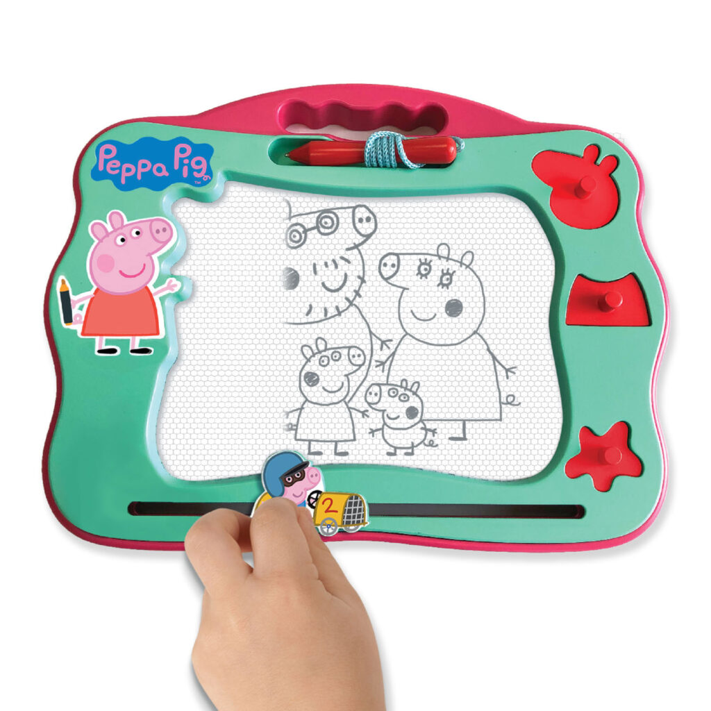 A hand erasing what's drawn on a magnetic drawing board. There's the peppa pig family drawn on the board and half of it is erased. The board itself is peppa pig themed with the logo and the pig shapes.