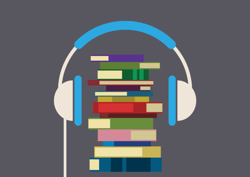 animated picture of a pile of books with headphones to signify audiobooks.