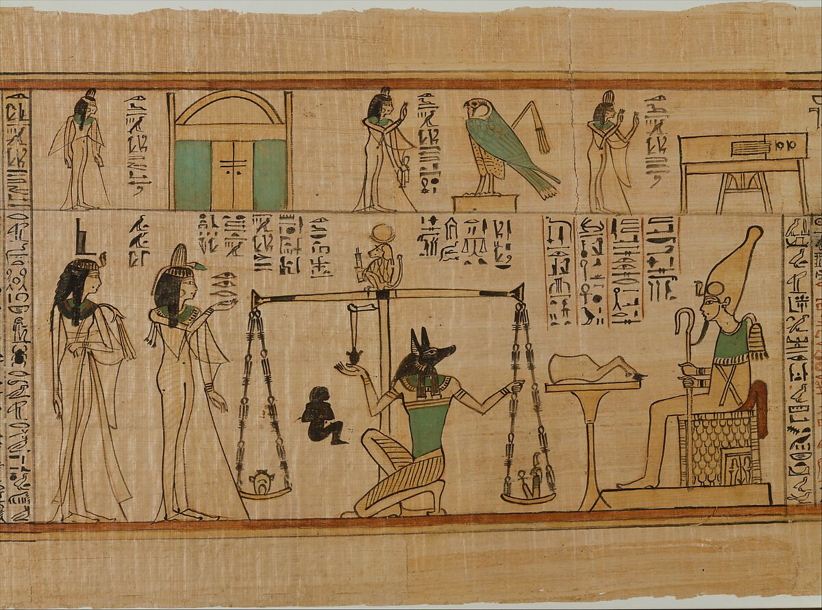 This papyrus was part of the burial of Nauny, a Chantress of the god Amun-Re who died In her seventies.

On the papyrus are images and texts from a number of spells. The central scene illustrates Spell 125, better known as the Judgment of Osiris or The Weighing of the Heart. 