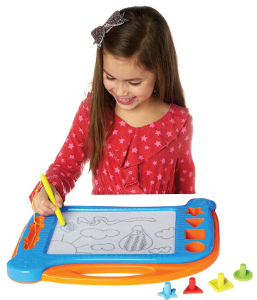 A kid drawing on a magnetic drawing board. The girl is wearing a red pajama and holding a yellow stylus while drawing animals on the board. There's a hot air balloon, some clouds, and the sun already drawn.