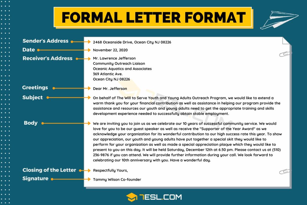 Image shows the format of a formal letter.