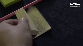 GIF of sticky note flipbook of a character walking then flying off