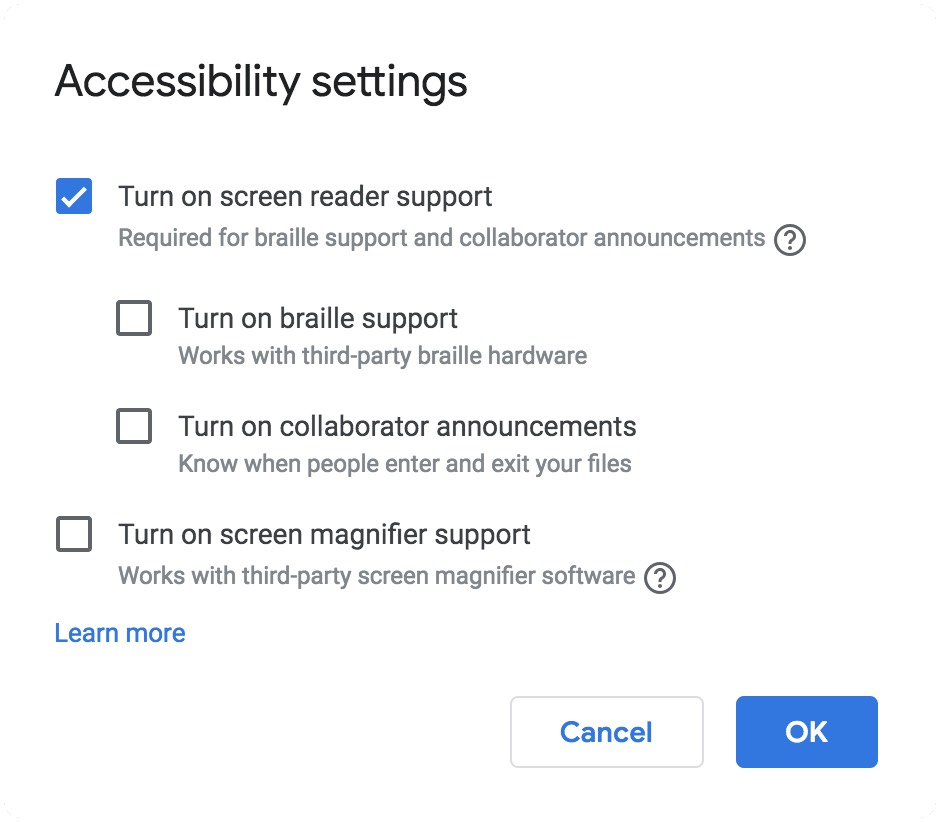 Accessibility Features on Google Docs that individuals can use 