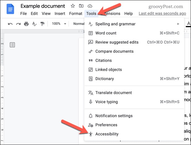 How to find Accessibility Feature on Google Docs