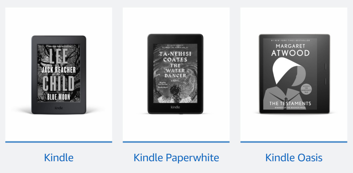 an image illustrating the 3 different models of the kindle - Kindle, Kindle Paperwhite, Kindle Oasis. 