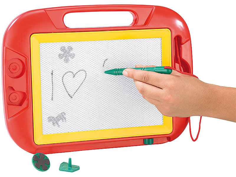 A hand holding a green stylus drawing on a red magnetic drawing board. Drawn on the board, there's the letter I, a heart, a snowflake, and a horse.