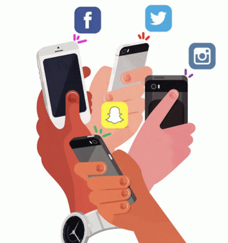 Multiple hands holding mobile phones, while social media logos appear on top of each mobile phone. 