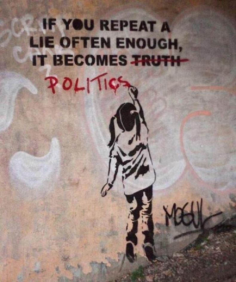 An image of graffiti that says if you repeat a lie often enough it becomes truth. The worth truth is crossed out in red and politics is written under it.