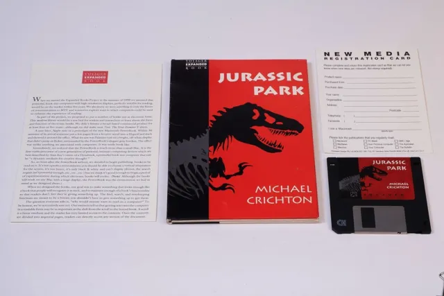 The first Jurassic Park  ebook available on floppy disk laid out on a white table.