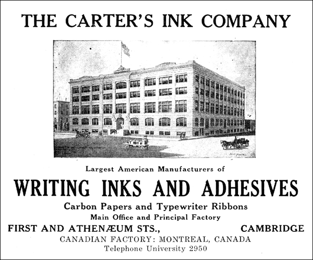A black and white picture of an advertisement post for the Carter Ink Company where they label themselves as the "largest American manufacturers of writing inks and adhesives" with its location and a contact number.