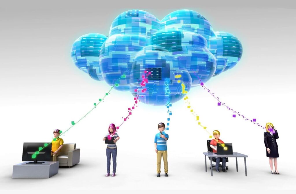 Diverse users engaging with a vibrant, interconnected cloud computing ecosystem.