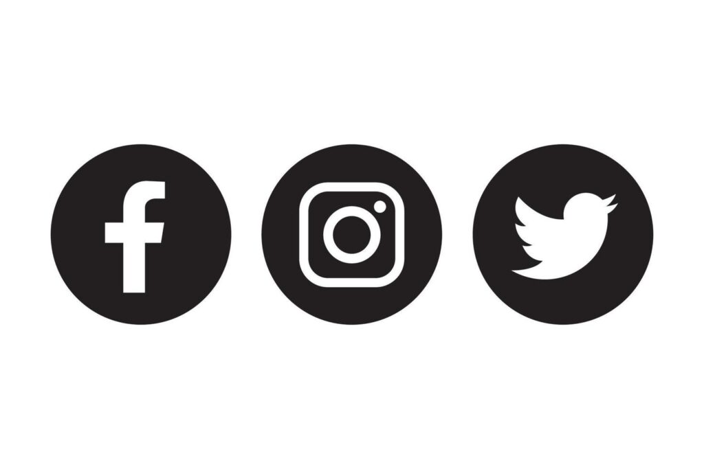An image of the facebook, instagram and twitter logos in black and white. The Facebook logo is the letter F, the Instagram logo is a camera, and the Twitter logo is of a bird. 