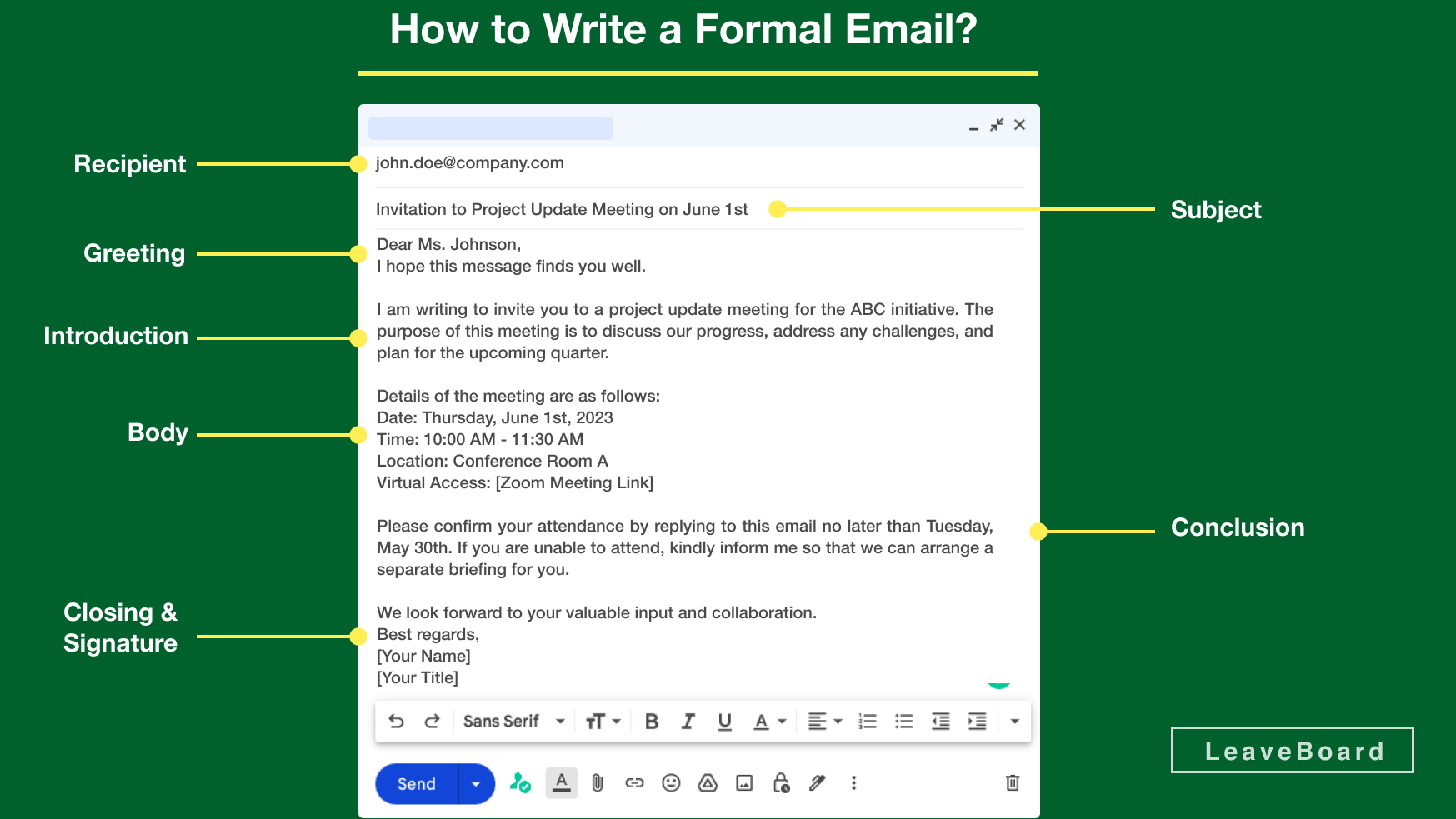 Image shows a sample format for an email