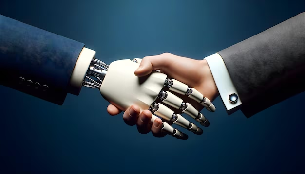 Handshake between human hand and a robot hand.