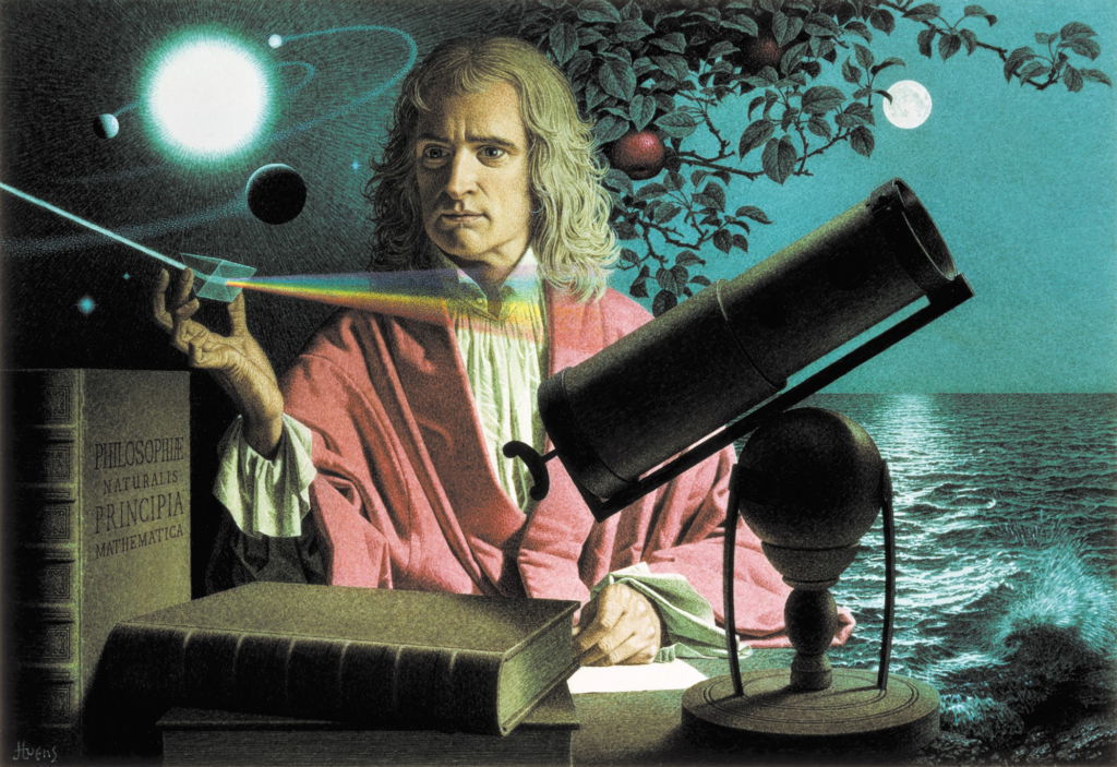 An image of Issac Newton studying optics and the cosmos. 