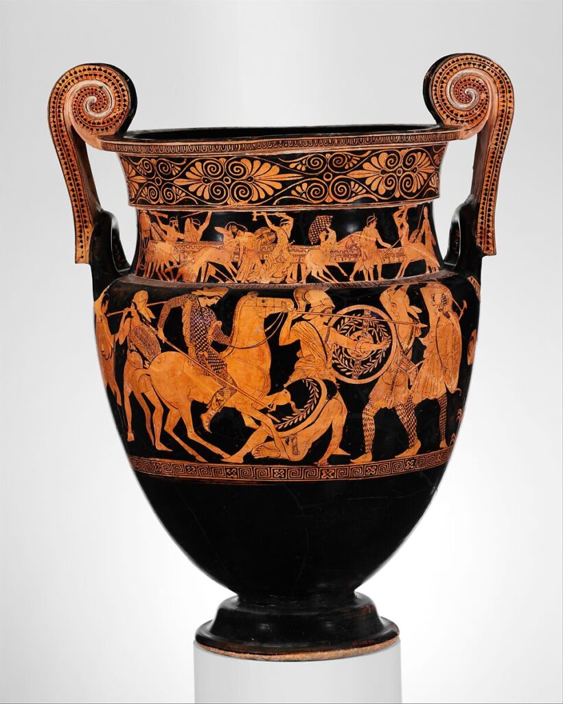 An ancient greek pot depicting men fighting.
