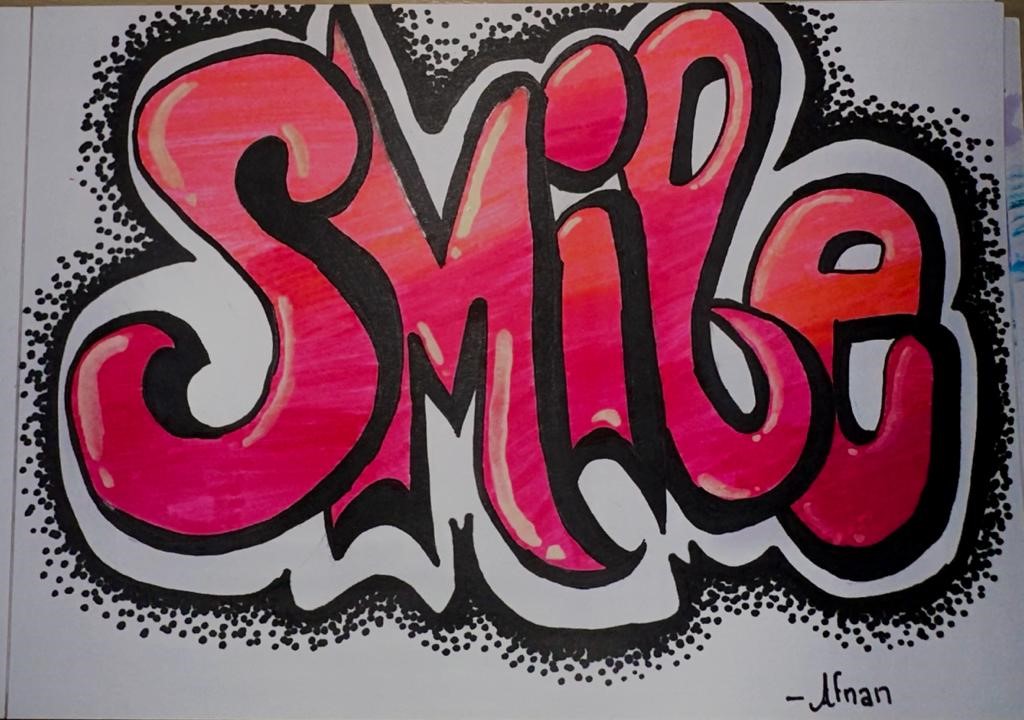 A colorful drawing with the word "smile" written on it colored pink and black.