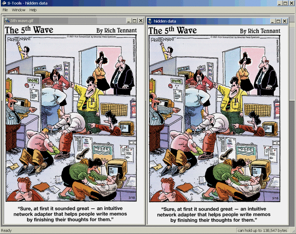 Original image file (left) and image file embedded with text (right), side by side.