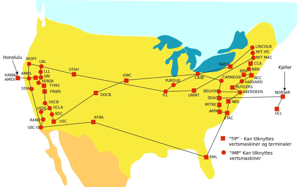 A historical map of the ARPANET, displaying the early connections that formed the precursor to the internet.