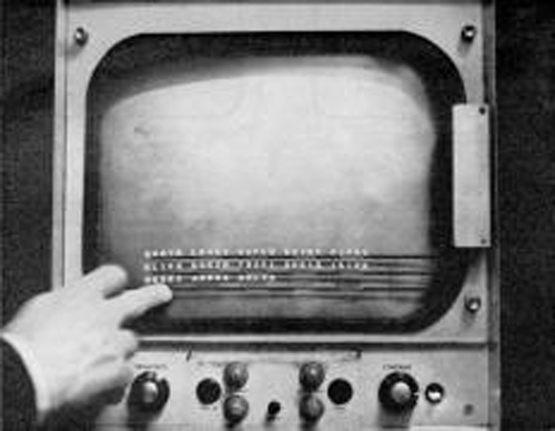 A black and white picture of the first touchscreen invented by E.A. Johnson
