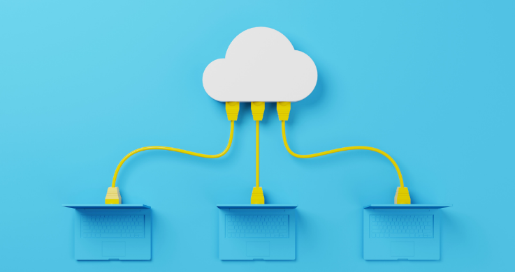 representation of cloud services connected to multiple devices, symbolizing remote access and data sharing.